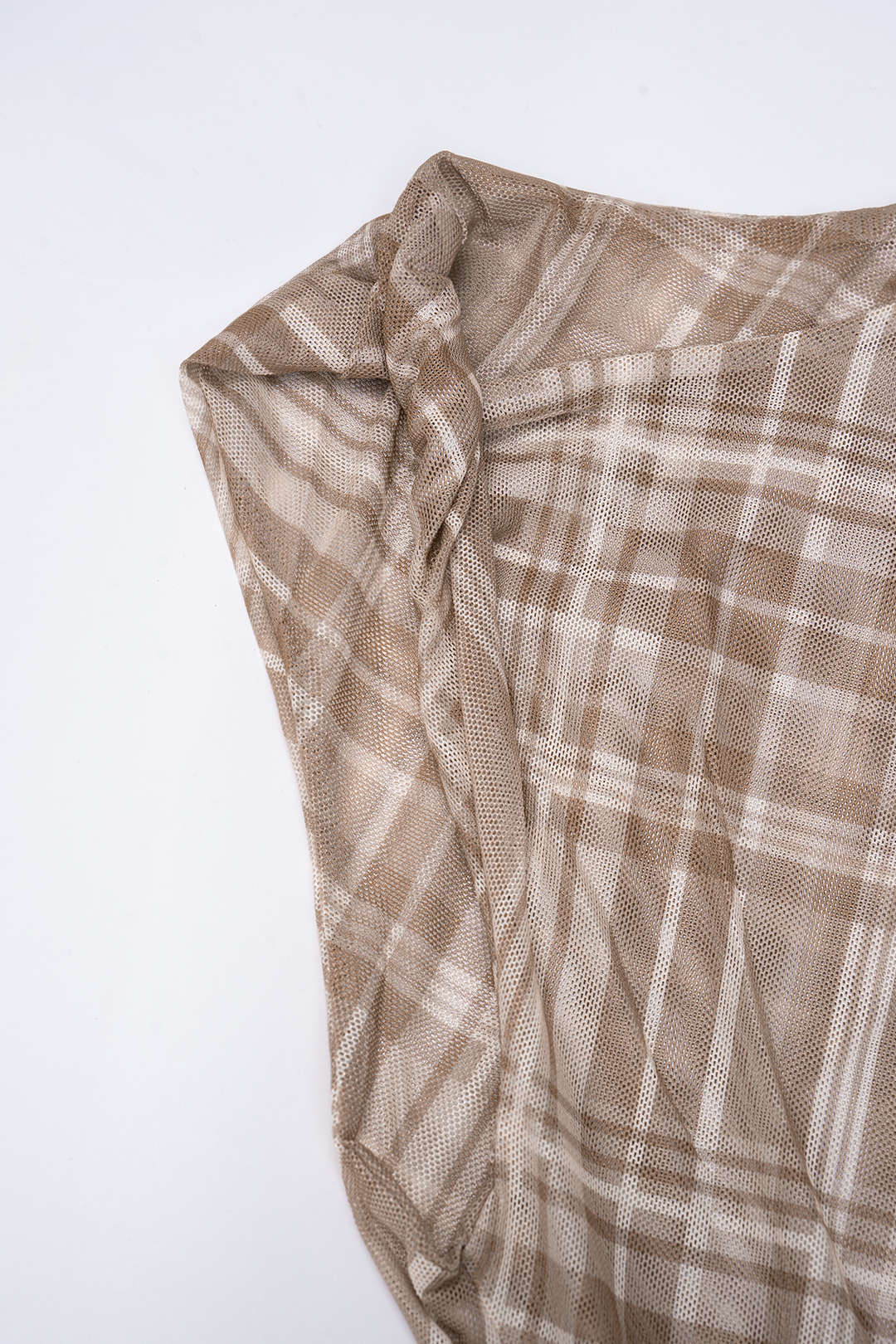 Plaid Print Mesh Twist Knot Round Neck Belted Sleeveless Midi Dress