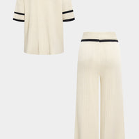 Knit Contrast Binding Lapel Short-Sleeve Top And Wide Leg Pants Set