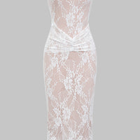 Lace Trim Ruched Strapless Maxi Dress