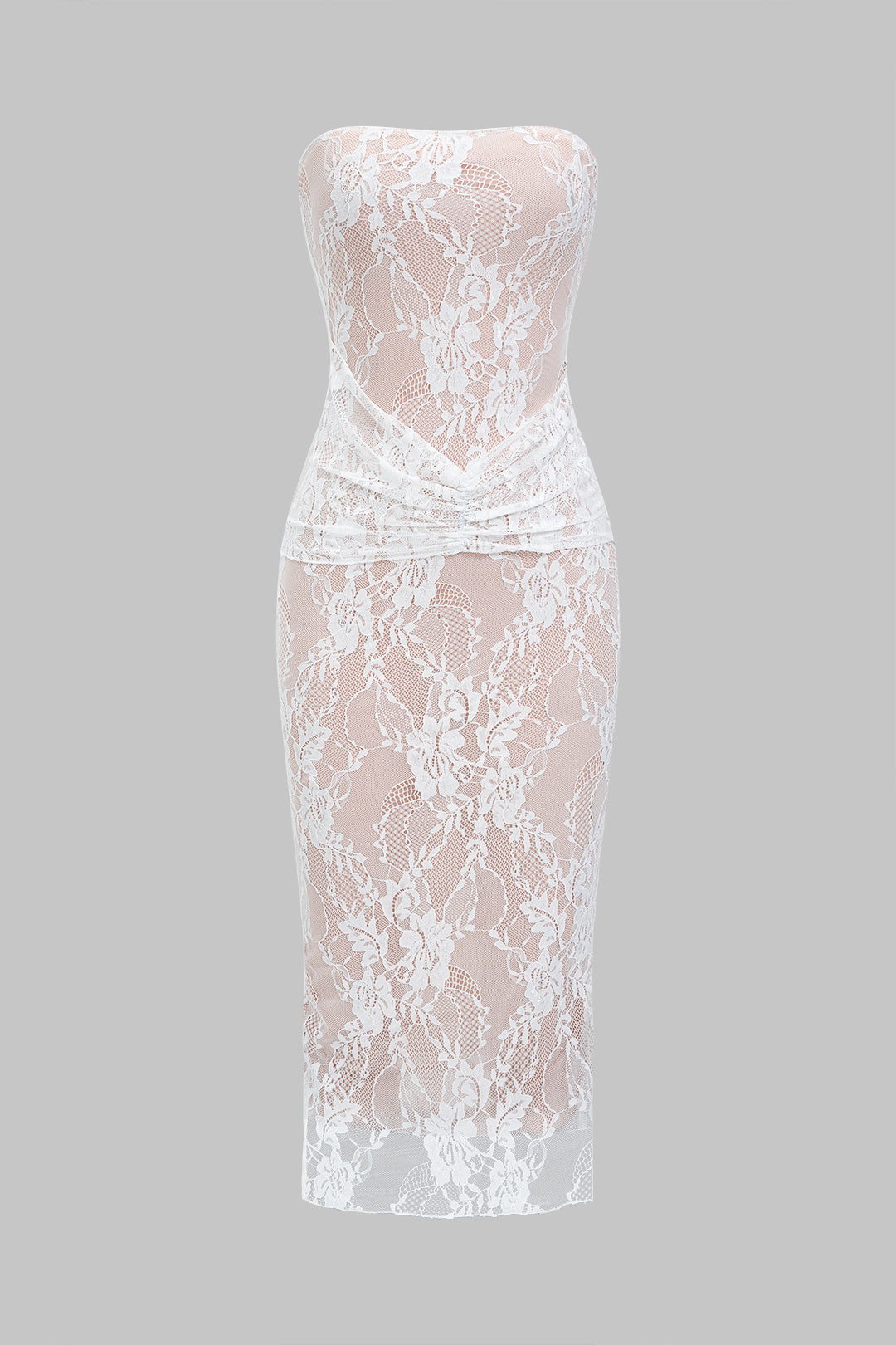 Lace Trim Ruched Strapless Maxi Dress