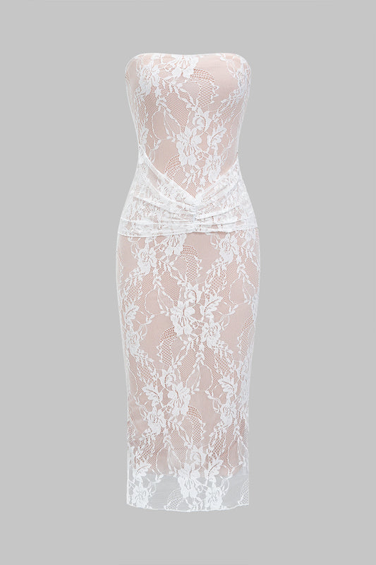 Lace Trim Ruched Strapless Maxi Dress