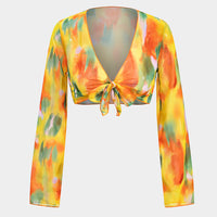 Watercolor Print Chiffon Tie Front Long Sleeve Top And Wide Leg Pants Set