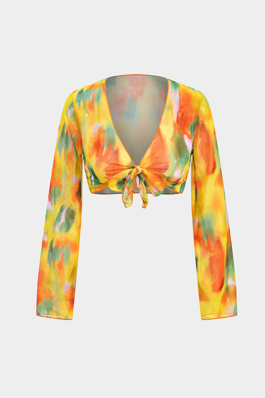 Watercolor Print Chiffon Tie Front Long Sleeve Top And Wide Leg Pants Set