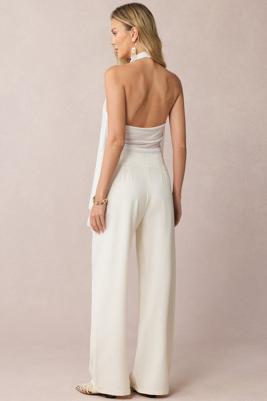 Mesh Halter V-Neck Asymmetrical Backless Ruched Cami Top