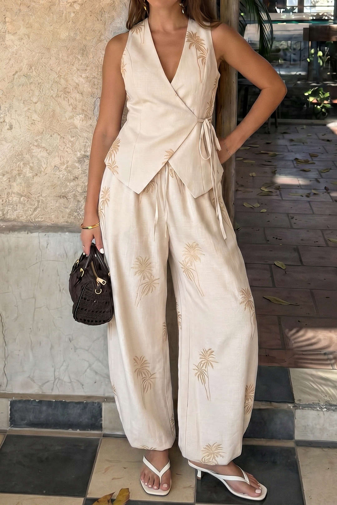 Embroidery Drawstring Wide Leg Pants