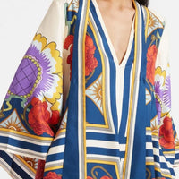 Exquisite Floral Print Draped Waterfall Sleeves Maxi Dress
