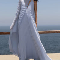 Elegant V-neck Pleated Flowy Maxi Dress
