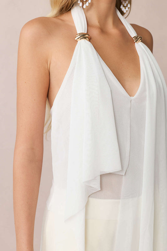 Mesh Halter V-Neck Asymmetrical Backless Ruched Cami Top