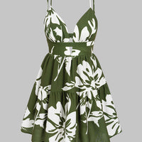 Leaves Print V-Neck Slip Sleeveless Mini Dress
