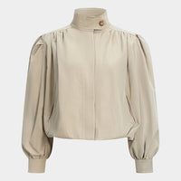 Stand Collar Ruched Shoulder Pad Jacket