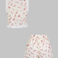 Floral Print Patchwork V-Neck Hollow-Out Shirt And Shorts Set