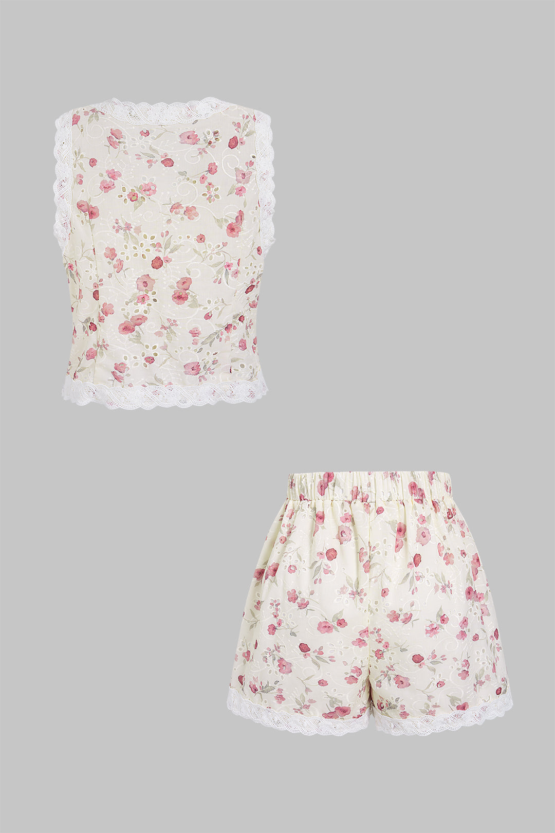 Floral Print Patchwork V-Neck Hollow-Out Shirt And Shorts Set