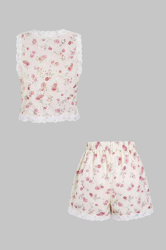 Floral Print Patchwork V-Neck Hollow-Out Shirt And Shorts Set