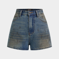 Denim Patchwork Faux Leather Pocket Wide Leg Shorts