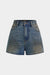 Denim Patchwork Faux Leather Pocket Wide Leg Shorts