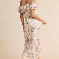Floral Print Chiffon Patchwork Mesh Off Shoulder Ruffle Sleeveless Maxi Dress