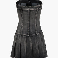 Denim Pleated Strapless Mini Dress