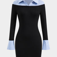 Stripes Print Patchwork Long Sleeve Mini Dress