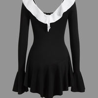 Contrast Ruffle Neck Bell Sleeve Tie Front Mini Dress