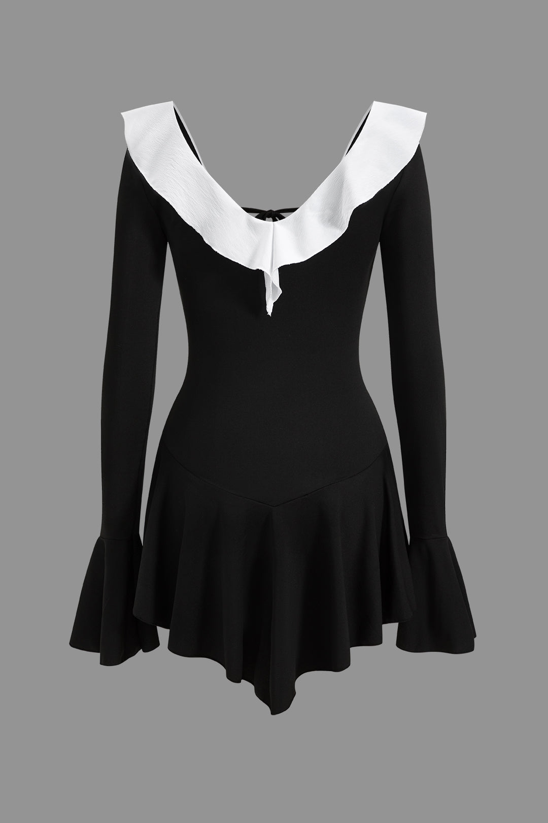 Contrast Ruffle Neck Bell Sleeve Tie Front Mini Dress