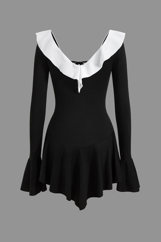 Contrast Ruffle Neck Bell Sleeve Tie Front Mini Dress