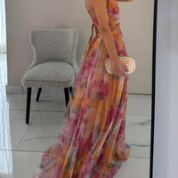 Elegant Painted Floral Print V-Neck A-Line Maxi Dress