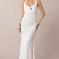 Halter Neck Tie Back Backless Metallic Decor Sleeveless Maxi Dress