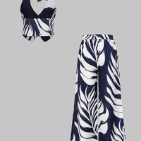 Contrast Leaves Print Halter V-Neck Tie-Up Top And Wide Leg Pants Set