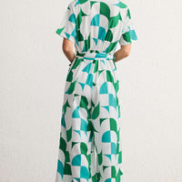Contrast Geometric Print Lapel Tie-Up Short Sleeve Jumpsuit