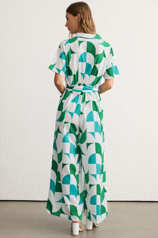 Contrast Geometric Print Lapel Tie-Up Short Sleeve Jumpsuit