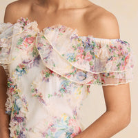 Floral Print Chiffon Patchwork Mesh Off Shoulder Ruffle Sleeveless Maxi Dress