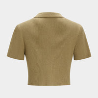 Knit Contrast Asymmetrical Metallic Button Short-Sleeve Top