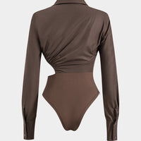 Asymmetrical Patchwork Cut Out Ruched Long Sleeve Bodysuit