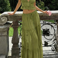 Chiffon Patchwork Lace V-Neck Ruched Top And Tie-Up Skirt Set