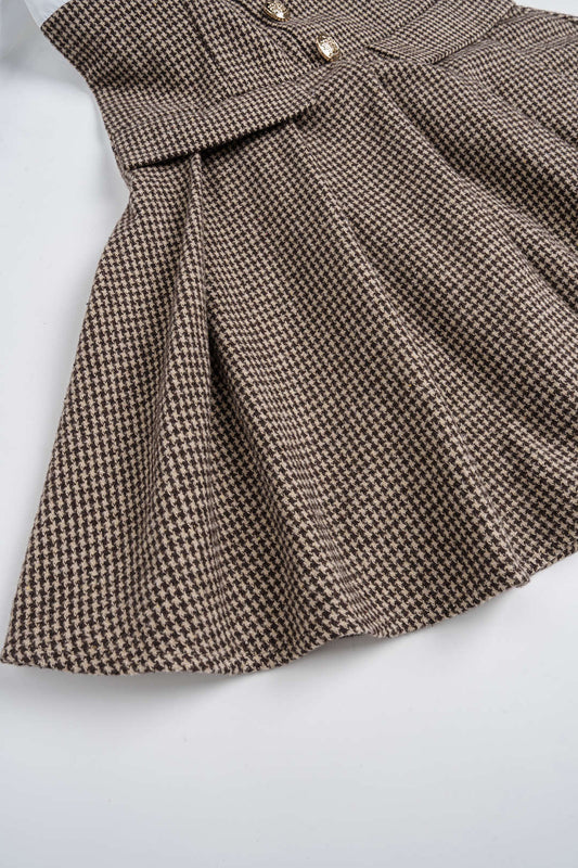 Houndstooth Print Patchwork Pleated High Waist Long-Sleeve Mini Dress