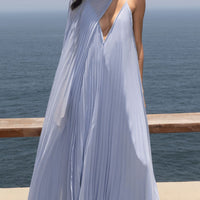 Elegant V-neck Pleated Flowy Maxi Dress