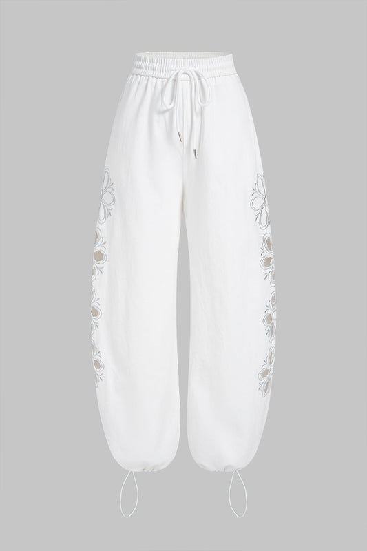 Denim Embroidery Cut Out Tie-Up Jeans