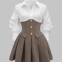 Houndstooth Print Patchwork Pleated High Waist Long-Sleeve Mini Dress