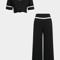 Knit Contrast Binding Lapel Short-Sleeve Top And Wide Leg Pants Set