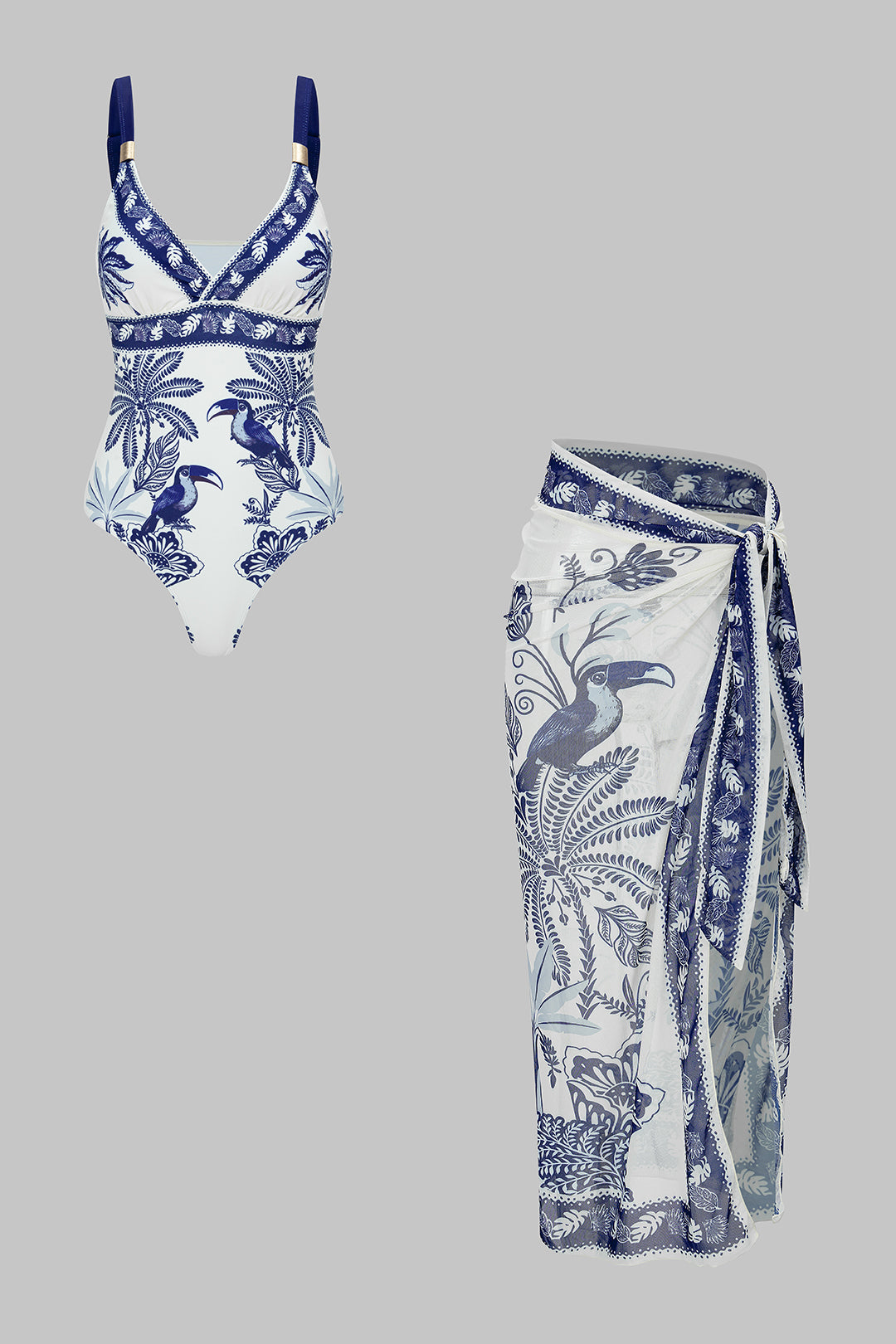 Bird Print Wrap 3-Piece Bikini Set