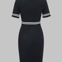 Knit Contrast Lapel Button Short Sleeve Dress