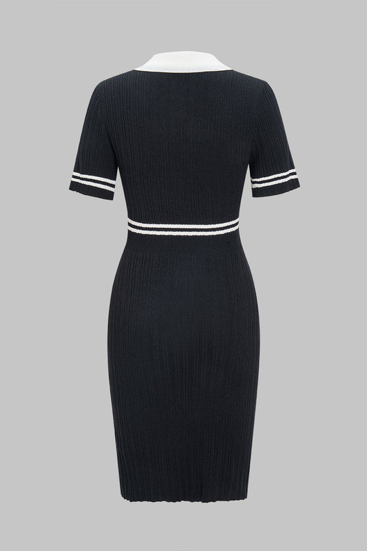 Knit Contrast Lapel Button Short Sleeve Dress