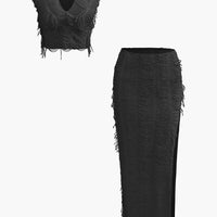 Distressed V-Neck Crop Top And High Slit Maxi Skirt Set