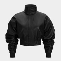 Faux Leather Stand Collar Zipper Jacket