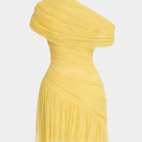 Mesh One Shoulder Asymmetrical Ruched Sleeveless Mini Dress