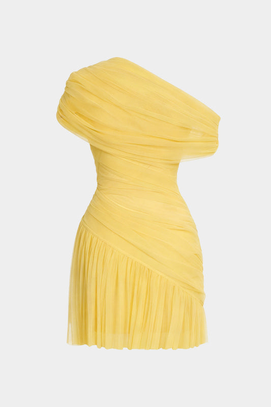 Mesh One Shoulder Asymmetrical Ruched Sleeveless Mini Dress