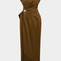 Satin Metallic Ruched Short Sleeve Midi Dress