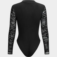 Lace Patchwork Round Neck Ribbed Long Sleeve Bodysuit