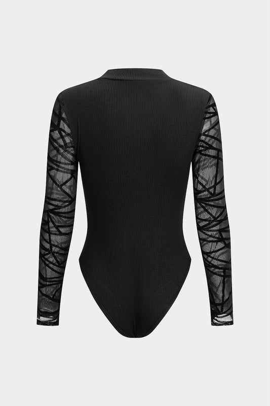 Lace Patchwork Round Neck Ribbed Long Sleeve Bodysuit