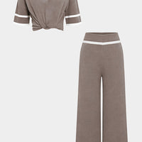 Knit Contrast Binding Lapel Short-Sleeve Top And Wide Leg Pants Set
